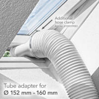 Schlauchschelle L140-160mm Detail: Weiße Schlauchschelle befestigt einen flexiblen Schlauch an einem Fenster. Ideal für Lüftungssysteme.