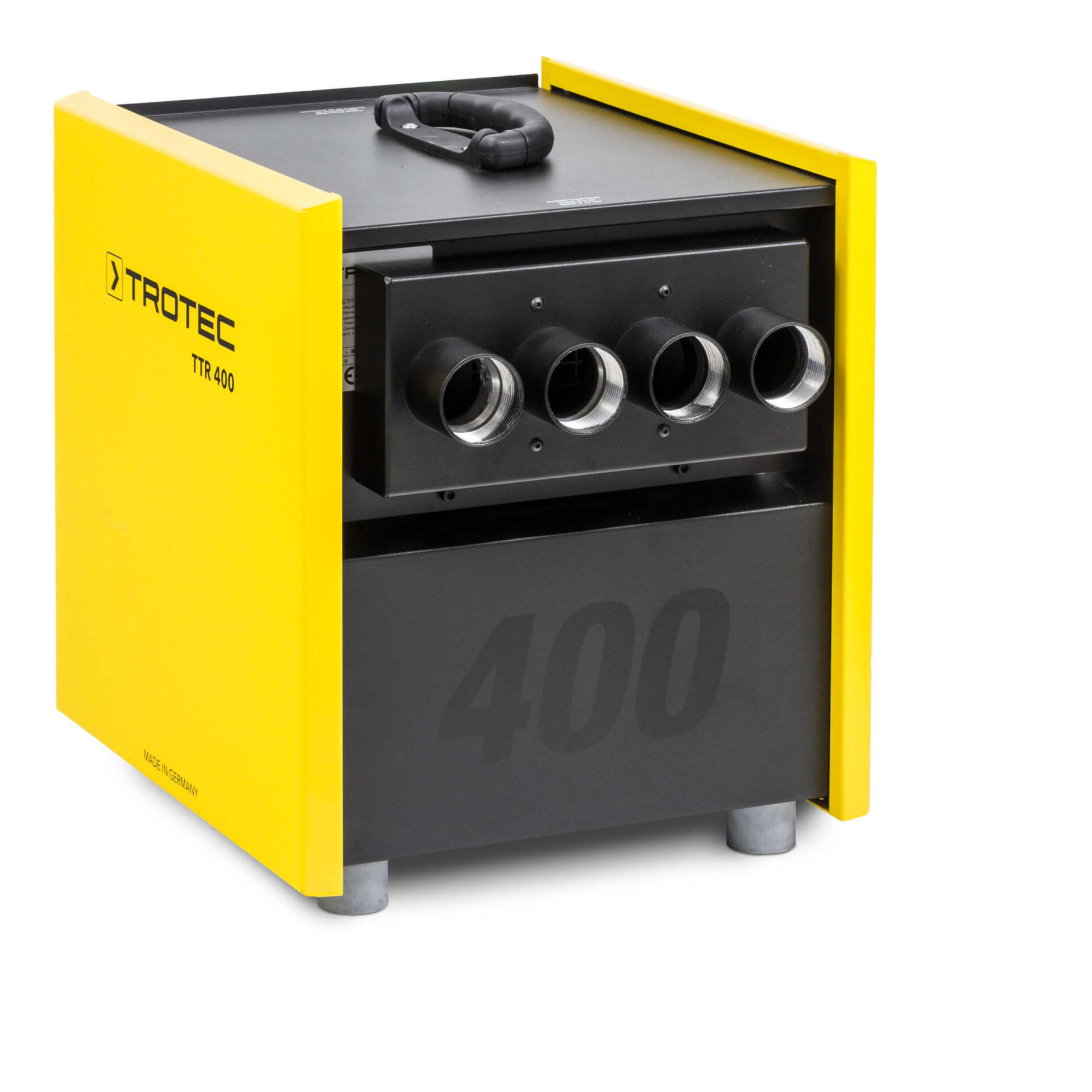 Trotec TTR 300/500 Vorsatz-4er-Verteiler: Professioneller Luftentfeuchter mit gelbem Gehäuse und schwarzem Verteiler für TTR 400/500 Adsorptionstrockner.