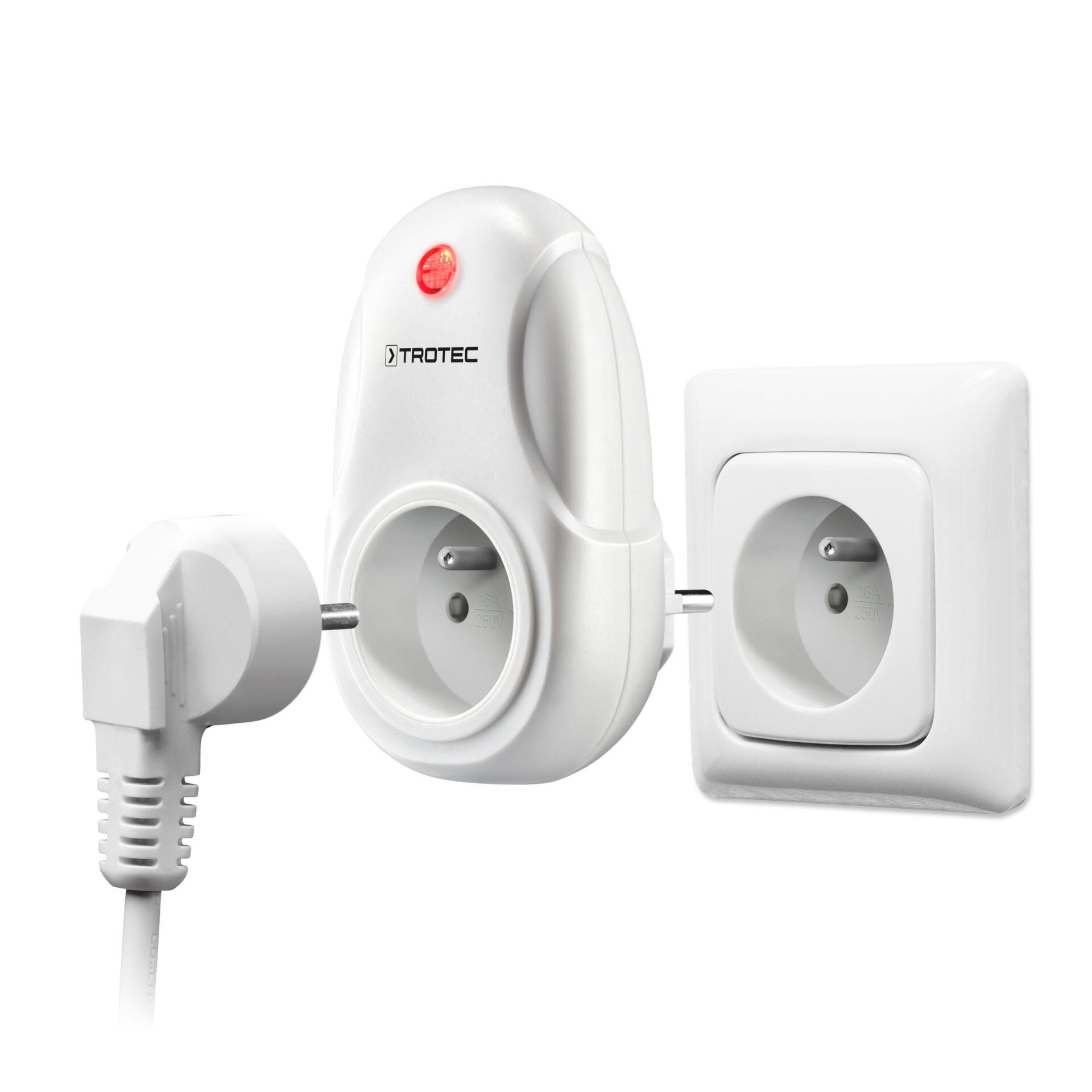 Weiße Trotec Funksteckdose BN35R-F für französische Standards. Separate Fernbedienung für bequeme Steuerung von Elektrogeräten. Praktisch und sicher.