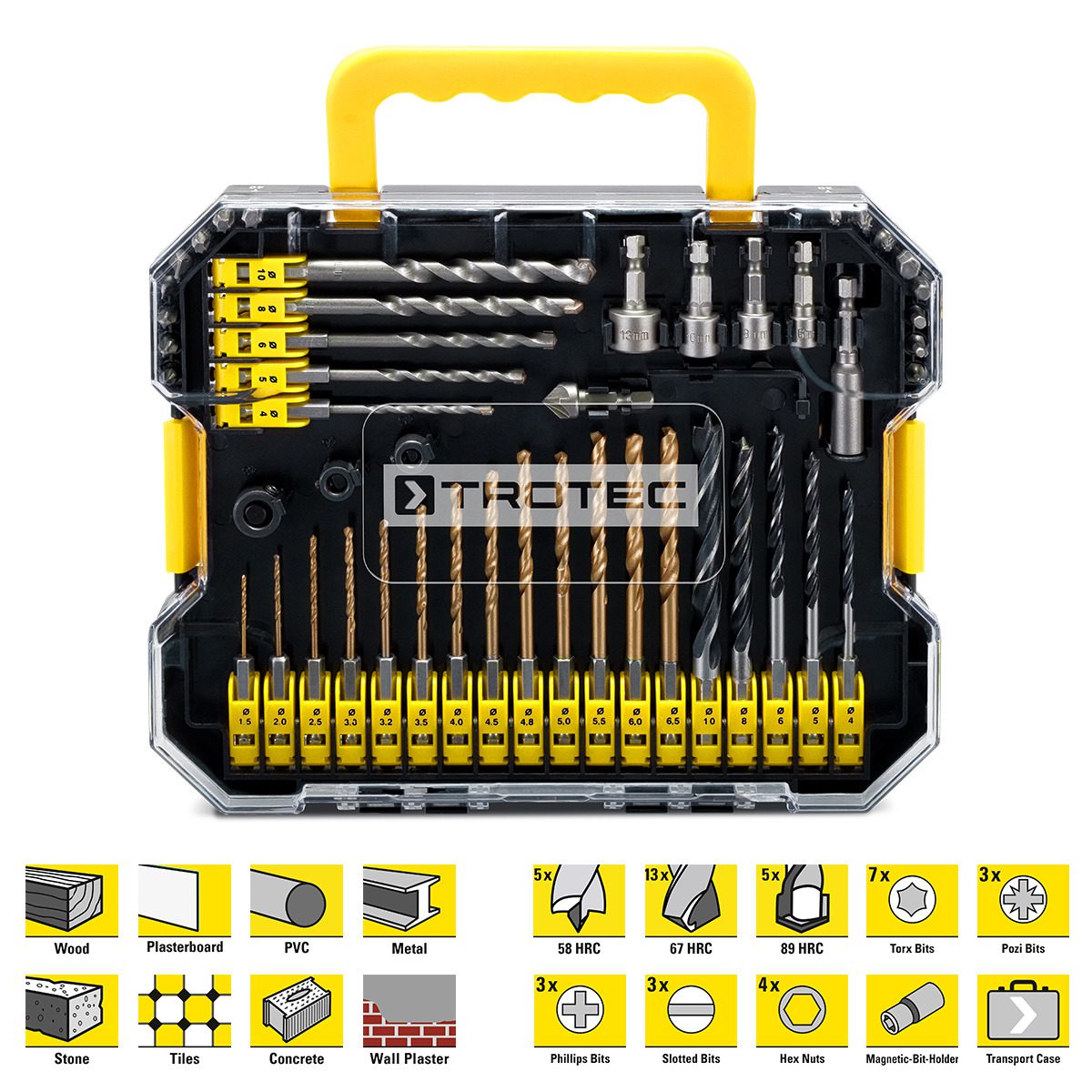 49-teiliges Sechskantschaft Bohrer- und Bit-Set von Trotec. Komplettes Set für Holz, Metall, Stein, Kunststoff, inkl. magnetischem Bithalter.