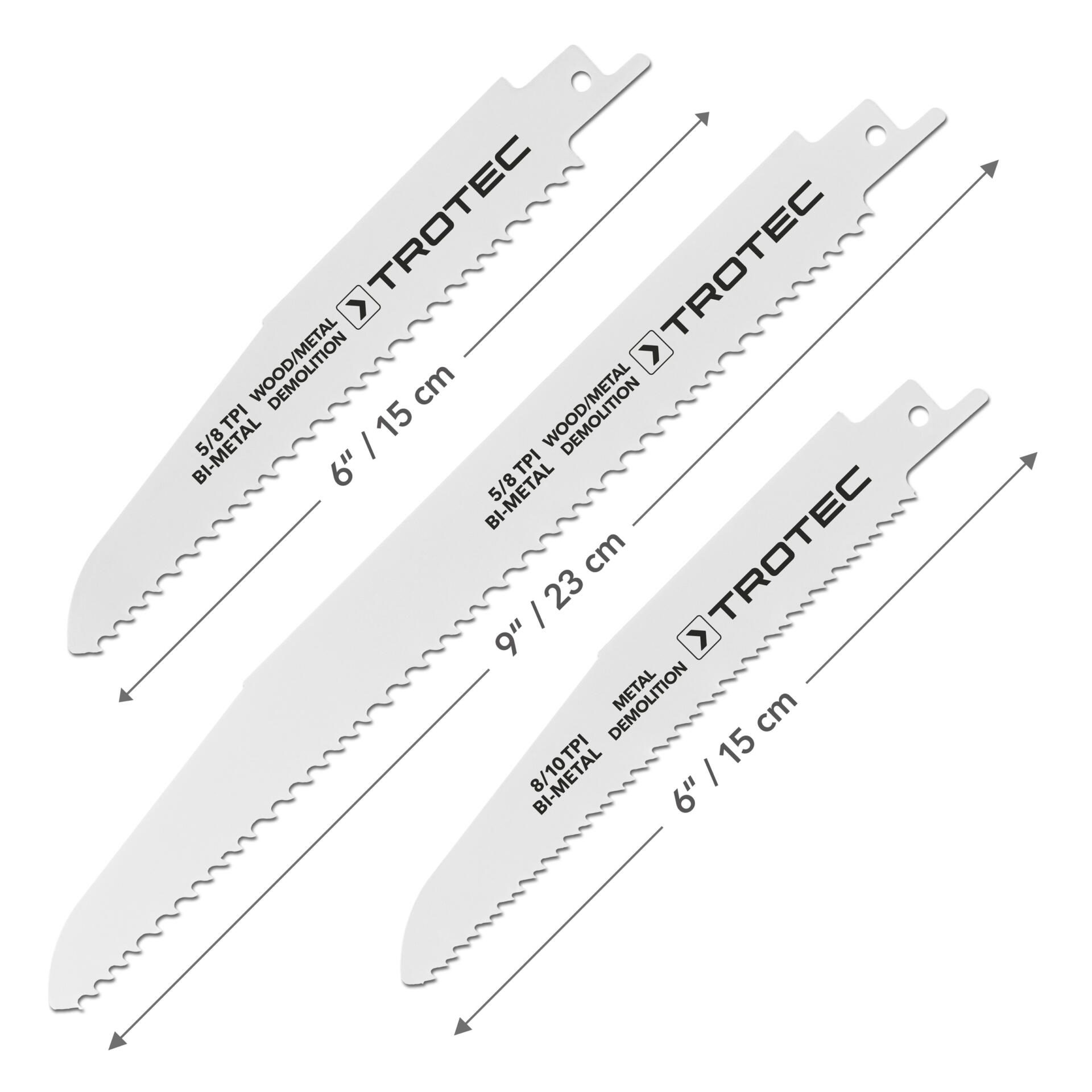 Säbelsägeblätter Set Holz Metall, 5-teilig: Set mit drei Säbelsägeblättern von Trotec, ideal für Holz- und Metallarbeiten. Verschiedene Größen.