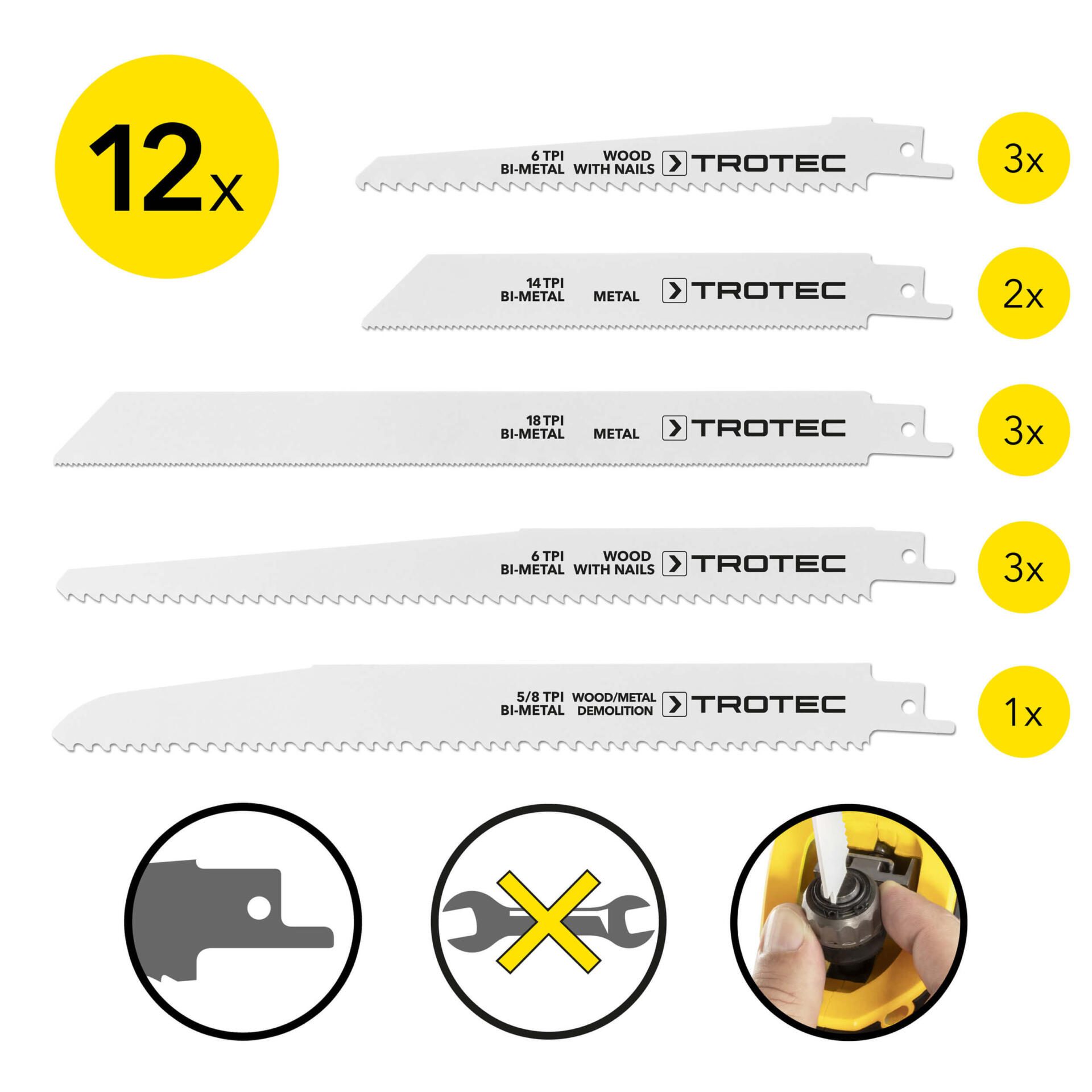 Säbelsägeblätter Set Holz Metall 12-teilig: Sortiment verschiedener Trotec Sägeblätter für Holz und Metall, inklusive Details zu TPI und Material.