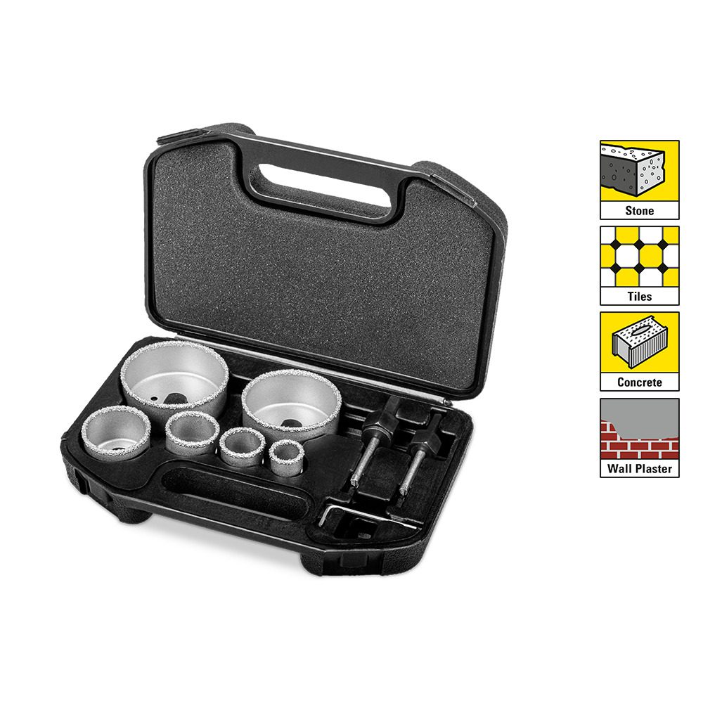 Lochsägen-Set aus Karbid-Hartmetall in schwarzem Koffer. Ideal für präzise Bohrungen in Stein, Fliesen und Beton. Werkzeug für Profis!