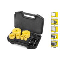 Lochsägen-Set aus HSS-Bi-Metall im Koffer. Gelbe Lochsägen verschiedener Größen und Bohrer für präzise Löcher in Metall, Holz und Kunststoff.