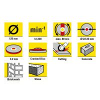 Detailaufnahme der Stein-Trennscheibe AD-125-S im 5er Vorteilspaket: Technische Daten wie 125mm Durchmesser und 12.200 min-1 Drehzahl. Schnittdarstellung.