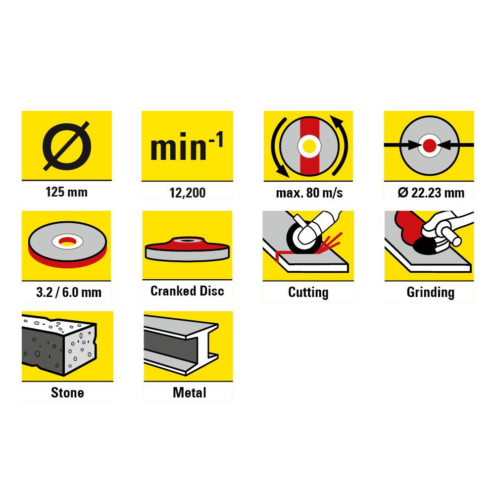 Grafikdetails Trenn- und Schruppscheiben-Set: Durchmesser, Drehzahl, Dicke, Materialien (Stein, Metall). Ideal zum Schneiden und Schleifen.