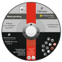 Trenn- und Schruppscheiben-Set: Detailaufnahme einer 125mm Schruppscheibe von Trotec AD 125 MG, ideal zum Schleifen von Metall. Trockenschnitt.