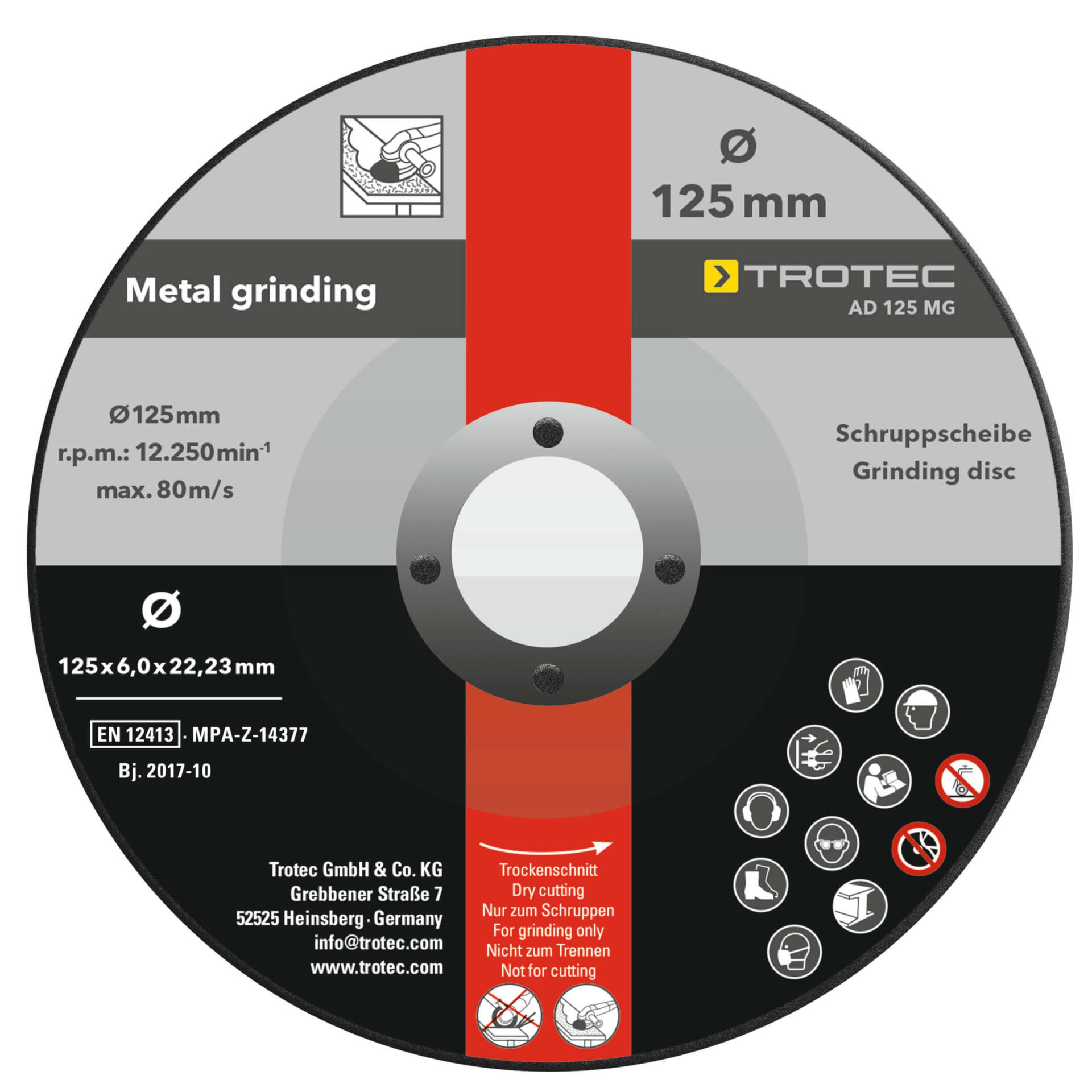 Trenn- und Schruppscheiben-Set: Detailaufnahme einer 125mm Schruppscheibe von Trotec AD 125 MG, ideal zum Schleifen von Metall. Trockenschnitt.