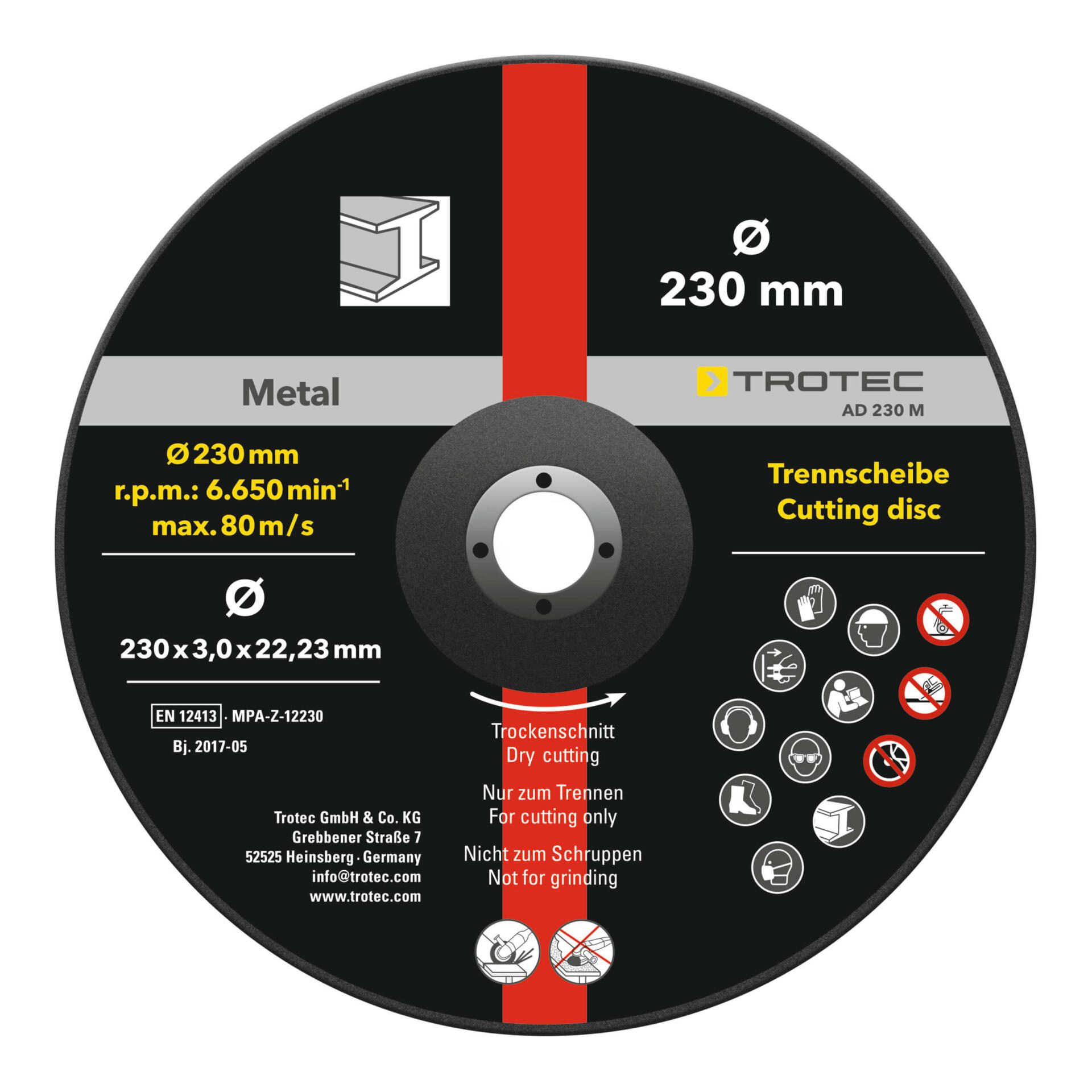 Metall-Trennscheibe 230mm im 5er-Pack von Trotec: Gekröpfte Ausführung für präzise Trennarbeiten. Ideal für saubere Metallschnitte. Jetzt im Vorteilspaket!