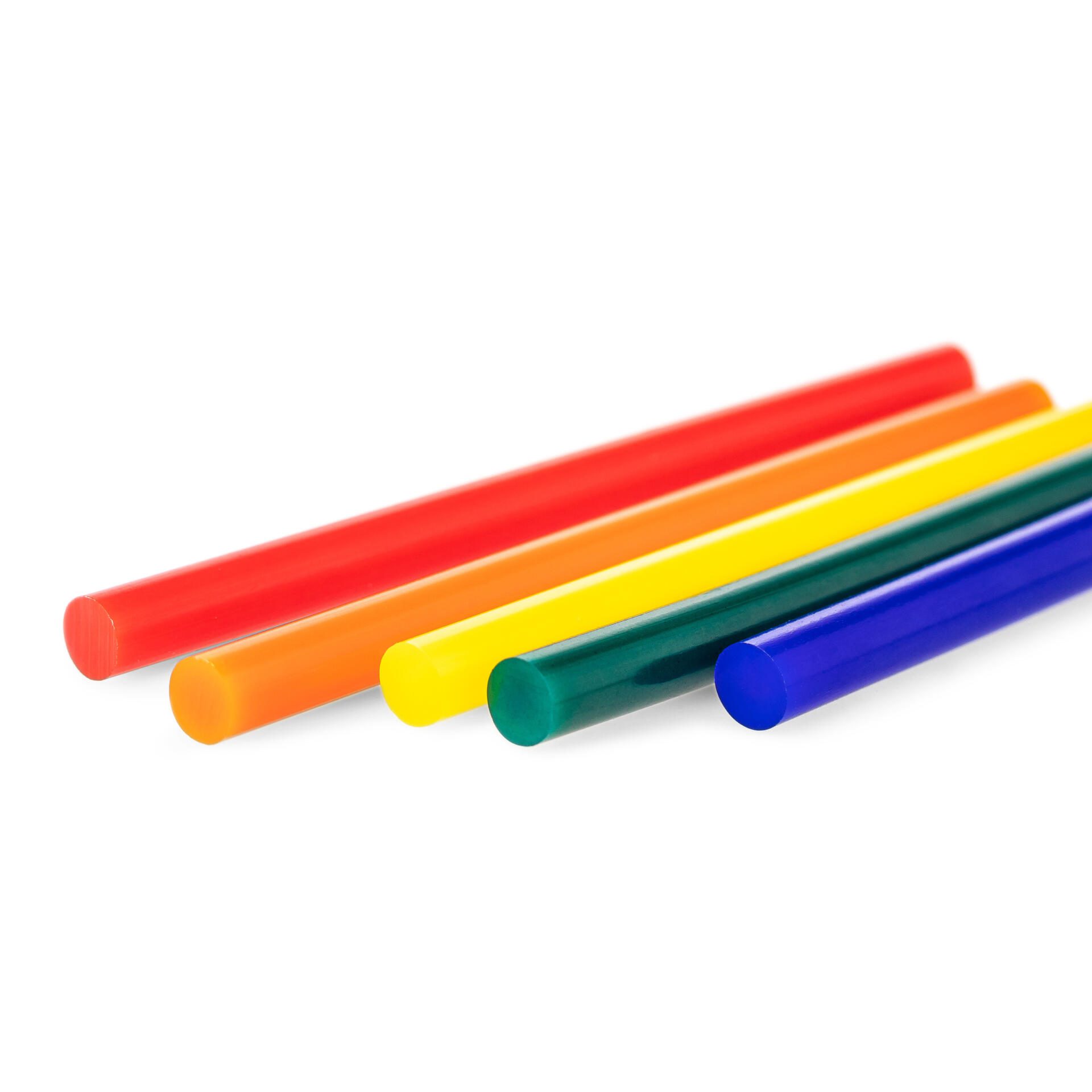 Buntes Heißklebestifte-Set mit 50 Stück in 11 mm Stärke. Ideal für Bastelarbeiten und Reparaturen. Heißkleber in Rot, Orange, Gelb, Grün und Blau.