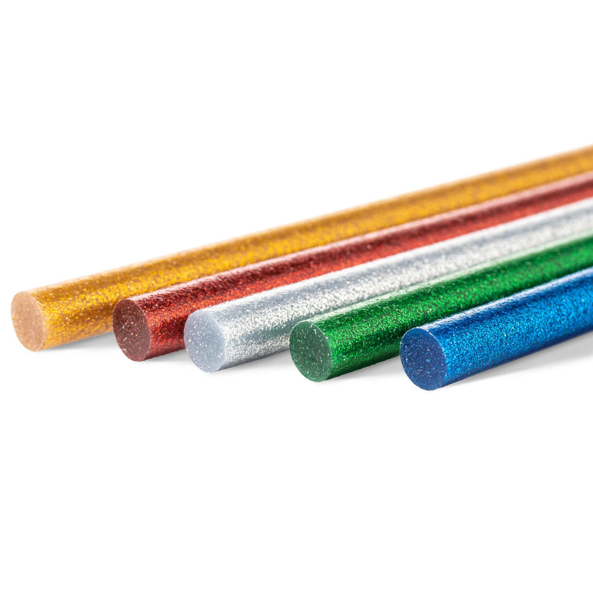Glitzer Heissklebestifte Set, 50 Stück, 11mm: Nahaufnahme von Gold, Rot, Silber, Grün und Blau. Perfekt für Bastelprojekte mit Glitzer.