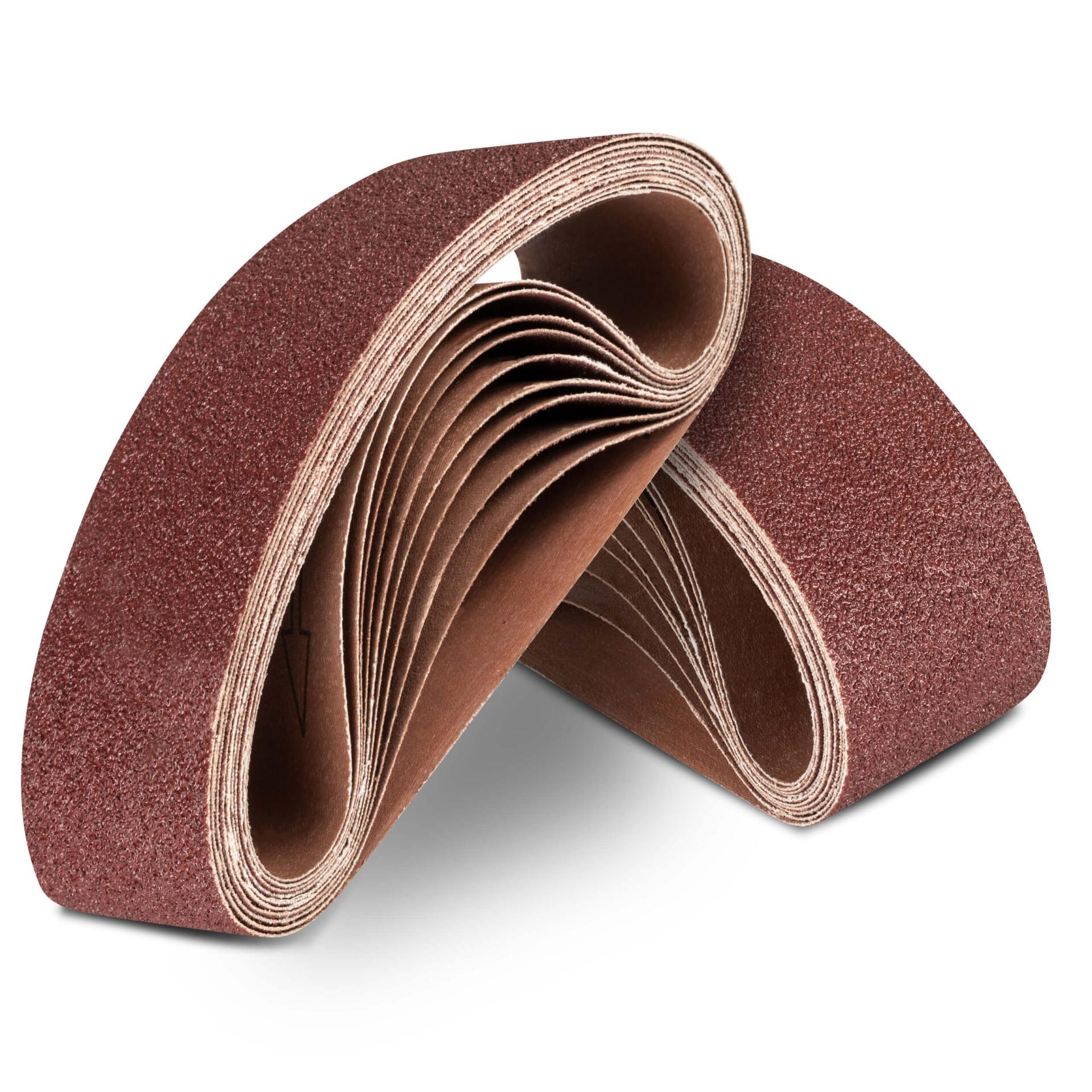 Bandschleifpapier Set, 10-teilig, 533x76mm. Detailaufnahme der Schleifbänder, ideal für Bandschleifer. Hochwertiges Zubehör für Holzbearbeitung.