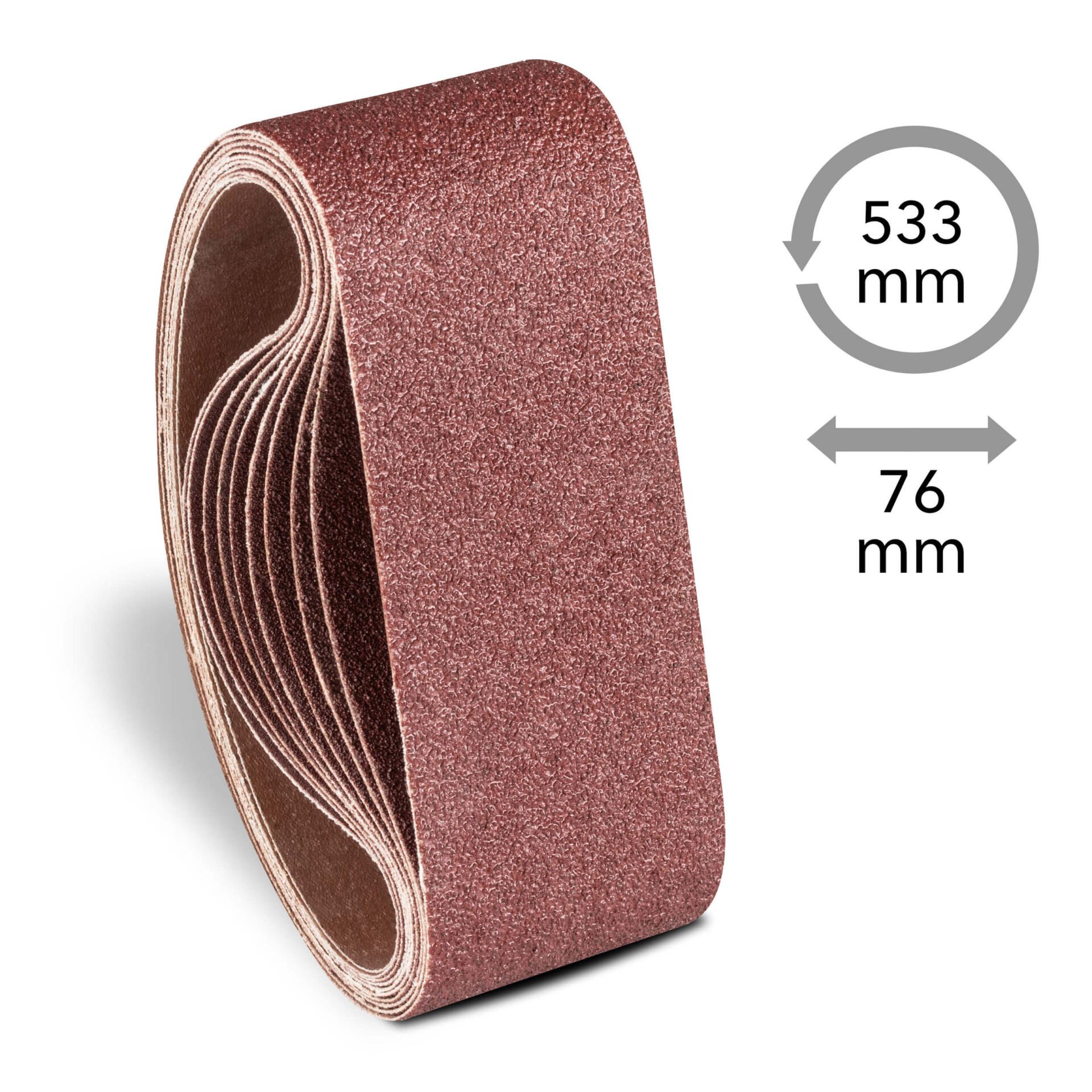 Bandschleifpapier Set, 10-teilig, 533x76mm. Das Bild zeigt eine Nahaufnahme des Schleifpapier-Sets, ideal für Bandschleifer, in hoher Auflösung.