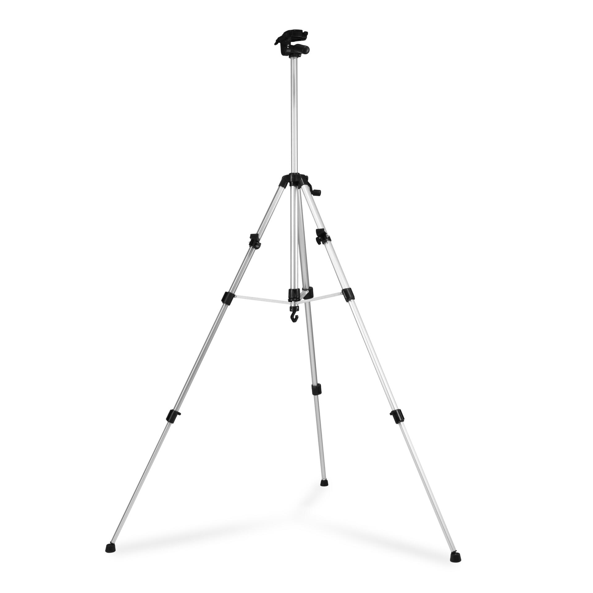 Dreibein Universalstativ: Silbernes Stativ mit schwarzem Kopf isoliert. Ideal für Fotografie und Videografie. Stabil und vielseitig.