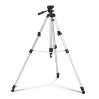 Dreibein-Universalstativ: Silbernes Stativ mit schwarzem Kopf vor weißem Hintergrund. Ideal für Kameras oder Messgeräte. Vielseitig & stabil.