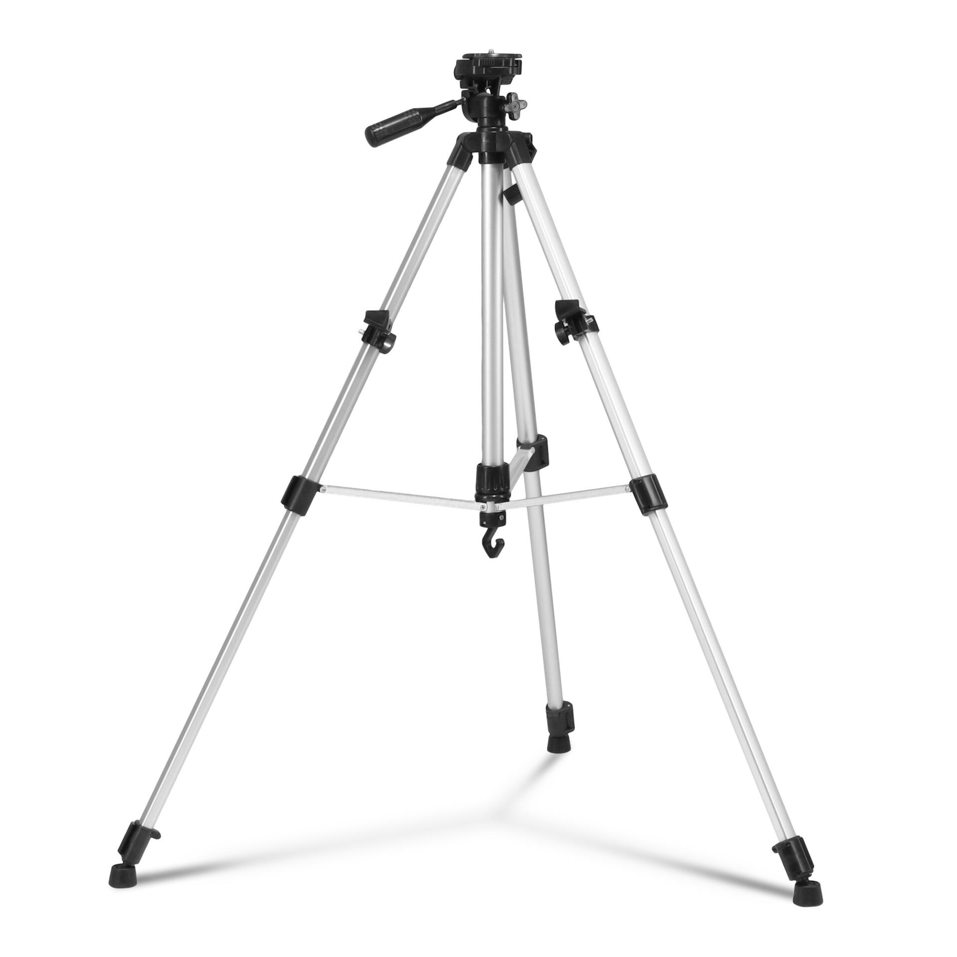 Dreibein-Universalstativ: Silbernes Stativ mit schwarzem Kopf vor weißem Hintergrund. Ideal für Kameras oder Messgeräte. Vielseitig & stabil.