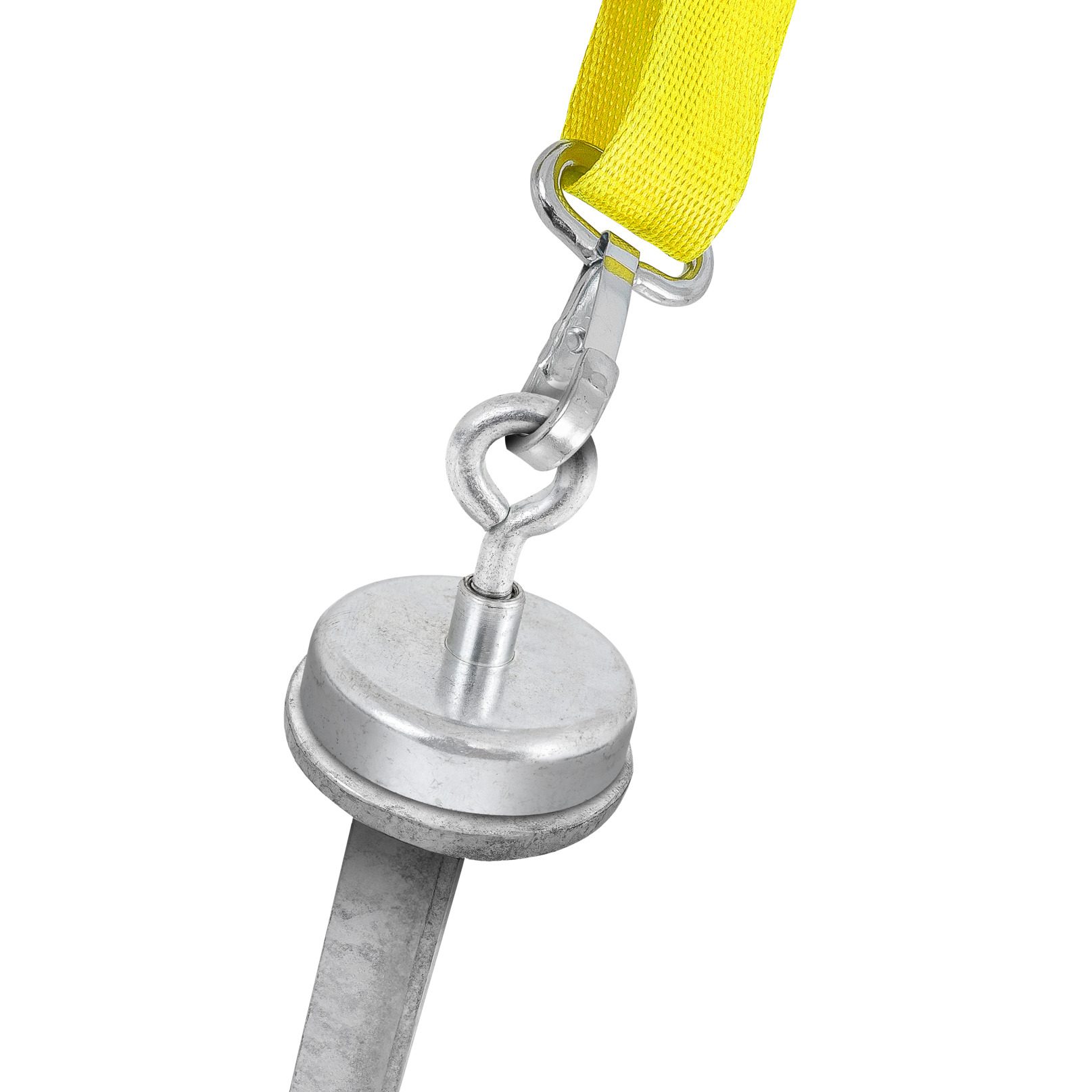 Detailaufnahme eines Teller-Hering 400mm mit gelbem Band und Karabinerhaken, ideal für sicheren Halt. Hochwertige Verarbeitung, robust und zuverlässig.