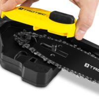 Detailaufnahme des Ersatz-Schwertes für die PCHS 10-20V von Trotec. Die Kette und die gelbe Abdeckung sind gut sichtbar.