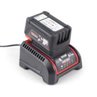 Ladegerät 230V für 18V Li-Ion Akku. Das Ladegerät ist schwarz mit roten Akzenten und lädt einen 5Ah Akku auf. Optimal für Werkzeuge.