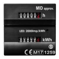 Nahaufnahme des Dualzählers für Betriebs- und Kilowattstunden, MID-konform, mit digitaler Anzeige in Stunden (h) und Kilowattstunden (kWh).