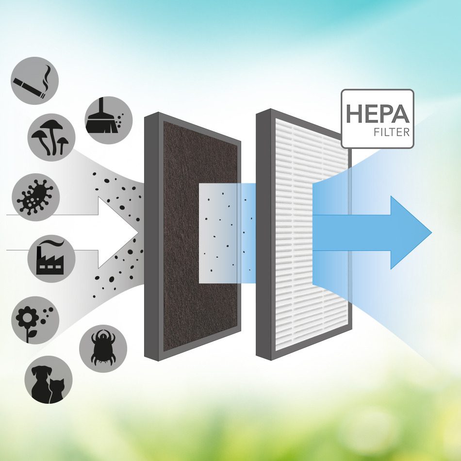 Darstellung des AirgoClean 15 E Carbon-HEPA-Filters: Filtert Partikel wie Staub, Pollen und Allergene mit 95% Filterleistung.