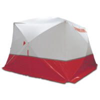 Arbeitszelt 350 KE: Rotes und weißes Montagezelt (350x350x215 cm) für Baustellen. Ideal als Wetterschutz beim Arbeiten im Freien. Robust und schnell aufgebaut.