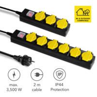 Steckdosenleiste mit selbstschließender Schutzklappe: Zwei schwarze Leisten, gelbe Klappen, IP44 Schutz, 3500W max, 2m Kabel. In- & Outdoor geeignet.