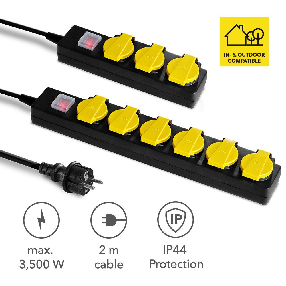 Steckdosenleiste mit selbstschließender Schutzklappe: Zwei schwarze Leisten, gelbe Klappen, IP44 Schutz, 3500W max, 2m Kabel. In- & Outdoor geeignet.