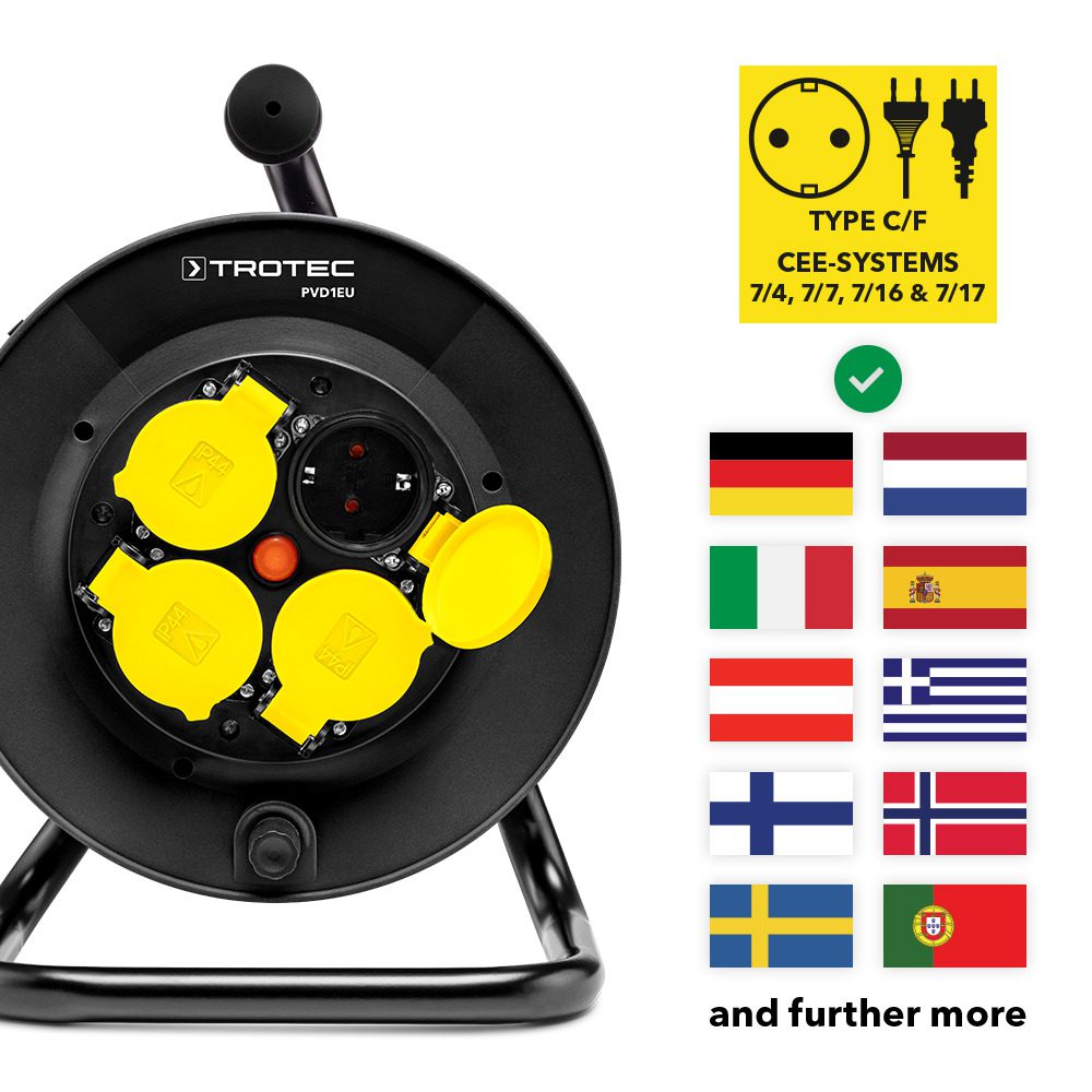 Kabeltrommel PVD1EU 20m: Schwarze Kabeltrommel mit gelben Schutzkontaktsteckdosen und Länderflaggen für CEE-Systeme 7/4, 7/7, 7/16 & 7/17.