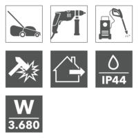 Piktogramme für Gartengeräte: Rasenmäher, Bohrmaschine, Hochdruckreiniger, Schlagfestigkeit, Hausanschluss, IP44 Wasserschutz, Leistung 3.680 W.