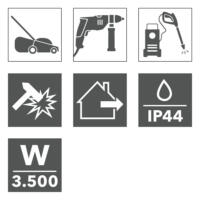 Symbolgrafiken: Rasenmäher, Bohrmaschine, Hochdruckreiniger, Schlagfestigkeit, Hauseingang, IP44 Wasserschutz, 3.500 Watt Leistung.