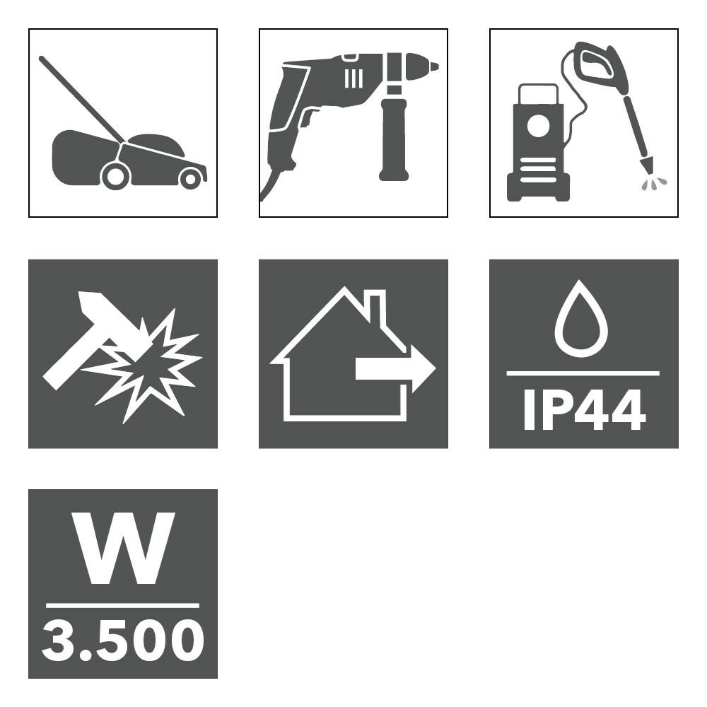 Symbolgrafiken: Rasenmäher, Bohrmaschine, Hochdruckreiniger, Schlagfestigkeit, Hauseingang, IP44 Wasserschutz, 3.500 Watt Leistung.