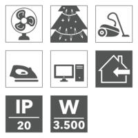 Symbole für Ventilator, Weihnachtsbaumbeleuchtung, Staubsauger, Bügeleisen, PC, Hausanschluss, IP20 und 3500W, dargestellt in Graustufen.