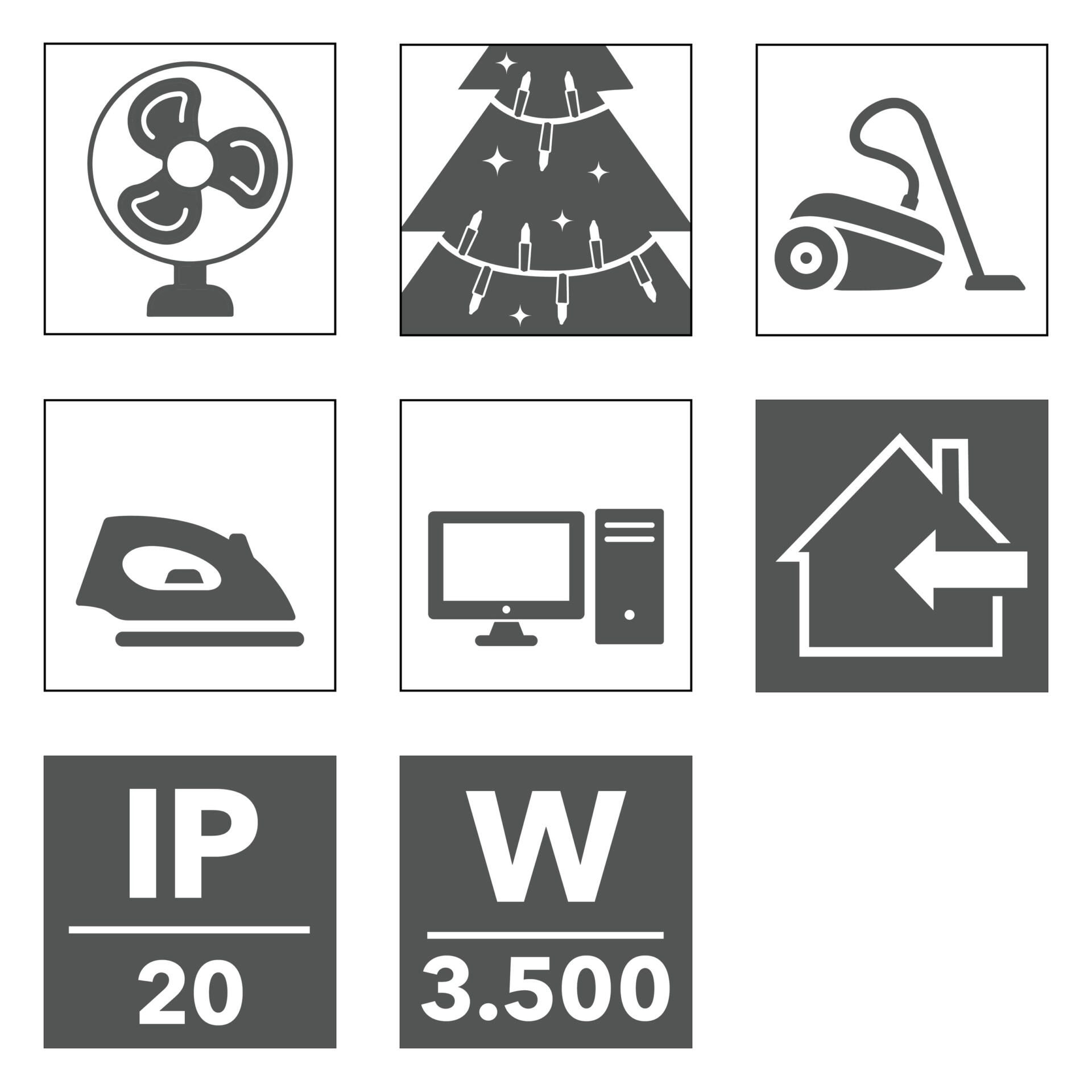 Symbole für Ventilator, Weihnachtsbaumbeleuchtung, Staubsauger, Bügeleisen, PC, Hausanschluss, IP20 und 3500W, dargestellt in Graustufen.