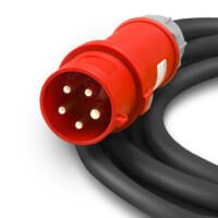 Nahaufnahme eines roten 400V 6mm Profi-Verlängerungskabels, 6m lang, hergestellt in Deutschland. Ideal für Baustelle & Werkstatt.