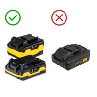 Ladegerät für Powertool Akku 20V 2Ah & 4Ah: Vergleich von Akkus mit Ladezustand. Grüner Haken für optimalen, rotes Kreuz für ineffizienten Akku.