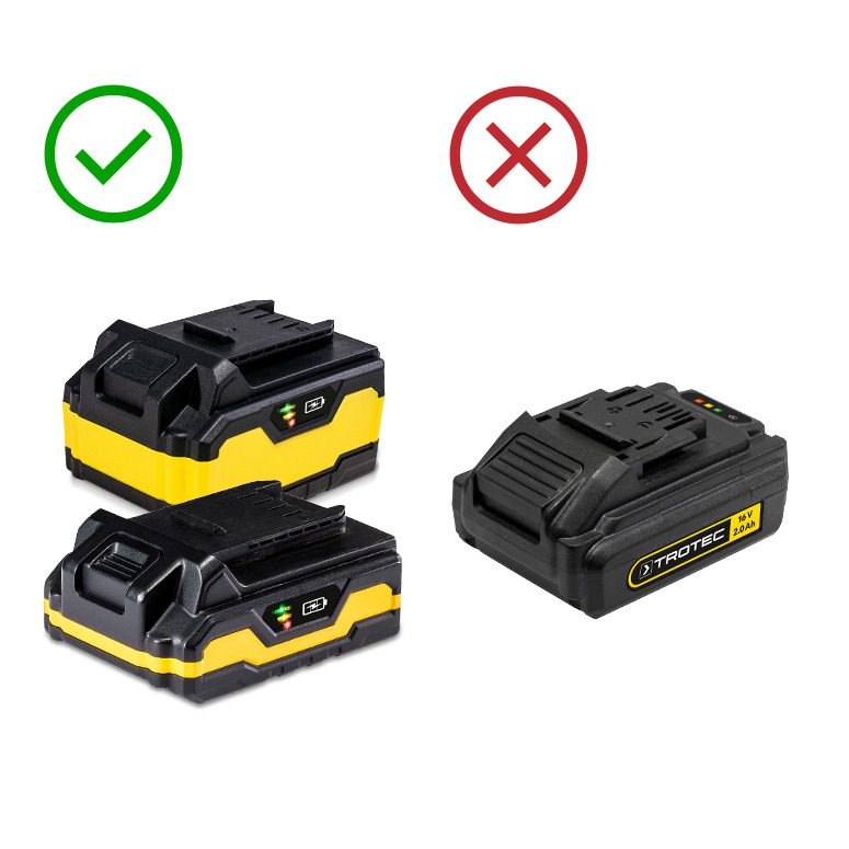 Ladegerät für Powertool Akku 20V 2Ah & 4Ah: Vergleich von Akkus mit Ladezustand. Grüner Haken für optimalen, rotes Kreuz für ineffizienten Akku.