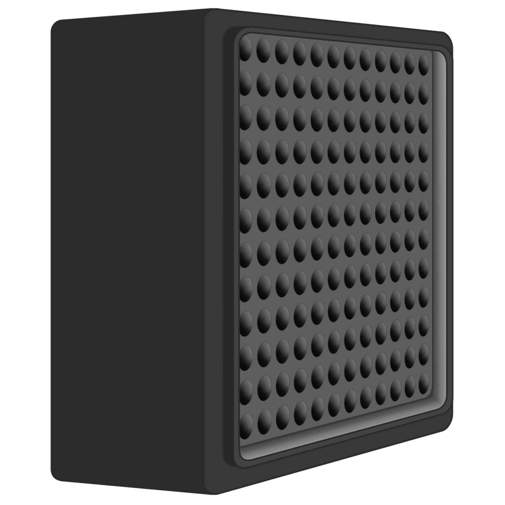 Schalldämpfer für AirgoClean ONE: Schwarzes, würfelförmiges Gerät mit perforierter Front. Ideal zur Geräuschreduzierung. Nahaufnahme des Filters.