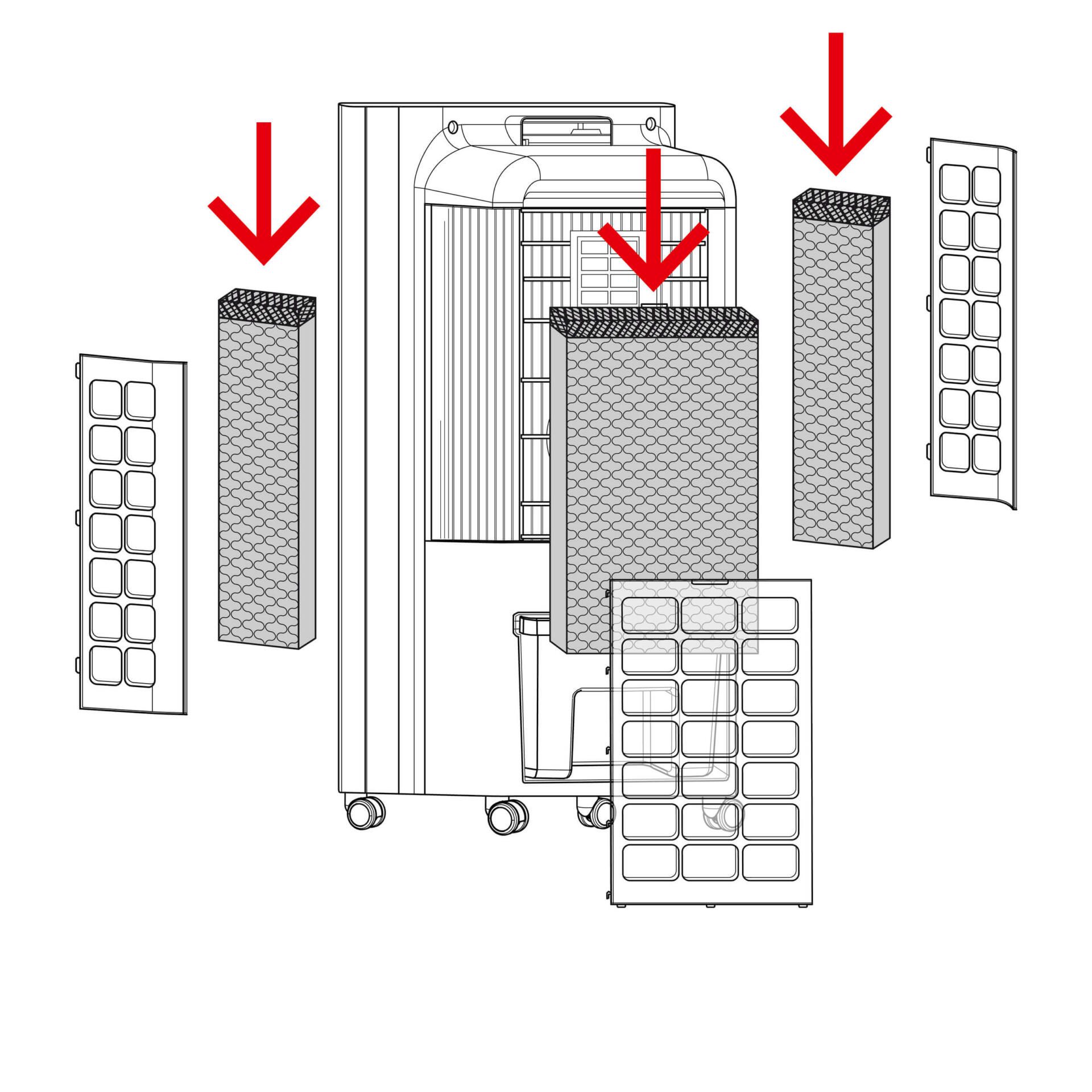 PAE 31 Verdunstungsfilter: Illustration zeigt den Einbau der 3 Filter in den Luftkühler. Optimale Kühlleistung für Ihr Zuhause.