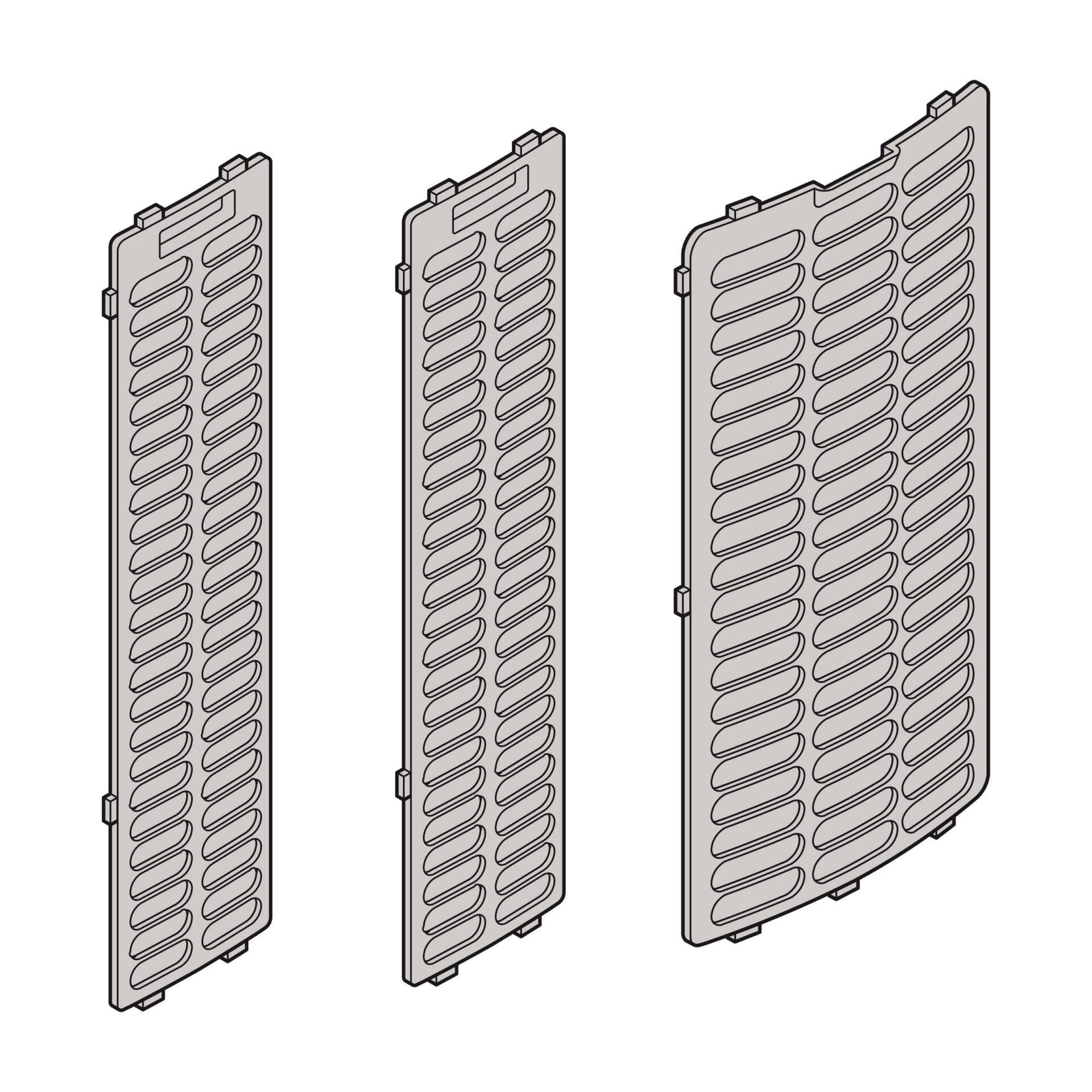 Drei PAE-45 Luftfilter im Detail. Ersatzfilter für Luftreiniger. Die Filter sind grau und haben viele Schlitze. 7710000066_PAE-45-Luftfilter