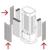 Explosionszeichnung eines PAE-45 Luftfilters (3-teilig). Zeigt die Filterelemente und deren Anordnung im Luftreiniger. Schema für Wartung.