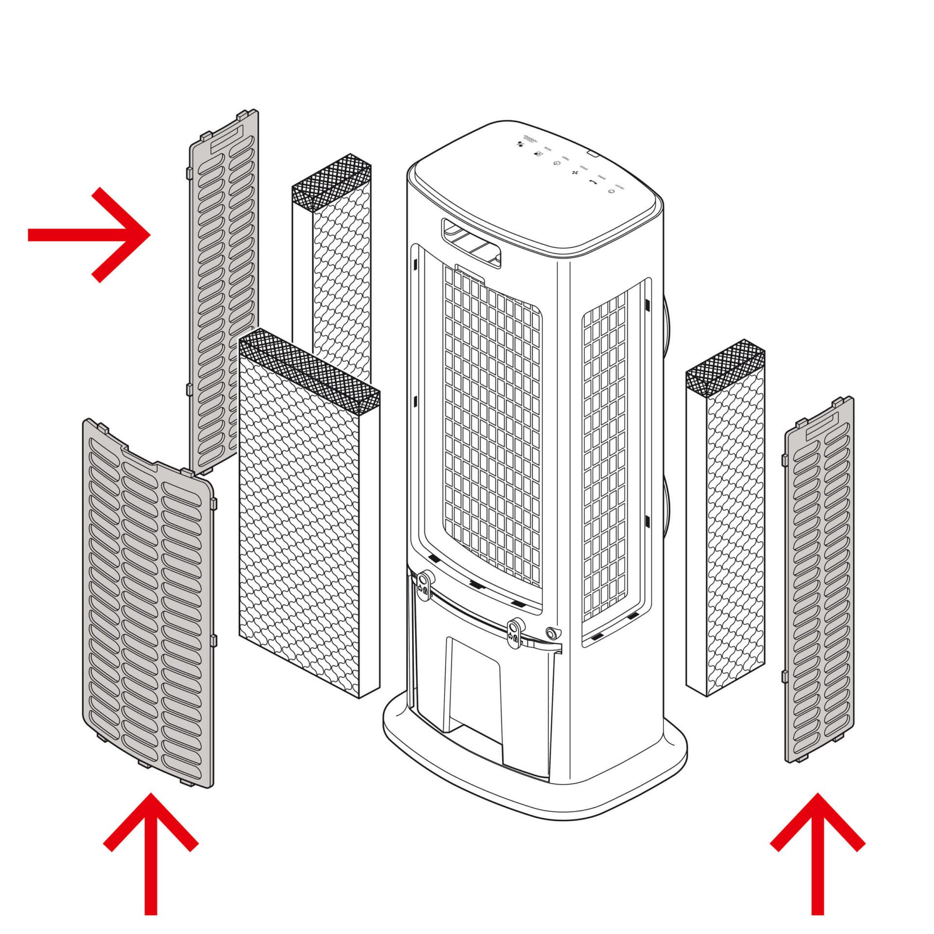 Explosionszeichnung eines PAE-45 Luftfilters (3-teilig). Zeigt die Filterelemente und deren Anordnung im Luftreiniger. Schema für Wartung.