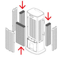 PAE-45 Verdunstungsfilter Montage: Detailansicht zeigt den 3-teiligen Filter, die Positionierung und den Einbau in den Luftkühler.