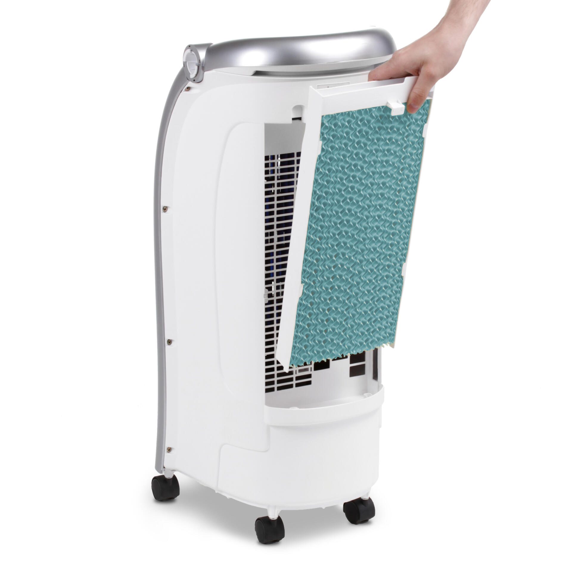 PAE 25 Verdunstungsfilter: Detailaufnahme des Luftkühlers mit herausgenommenem Filter. Ideal für besseres Raumklima und optimierte Luftqualität.