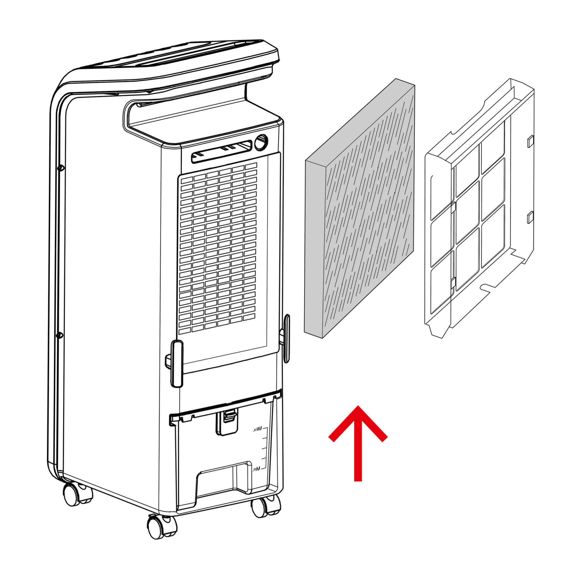 Schema eines PAE-26 Luftfilters. Die Abbildung zeigt, wie der Filter eingesetzt wird. Ideal für Allergiker und zur Verbesserung der Raumluftqualität.