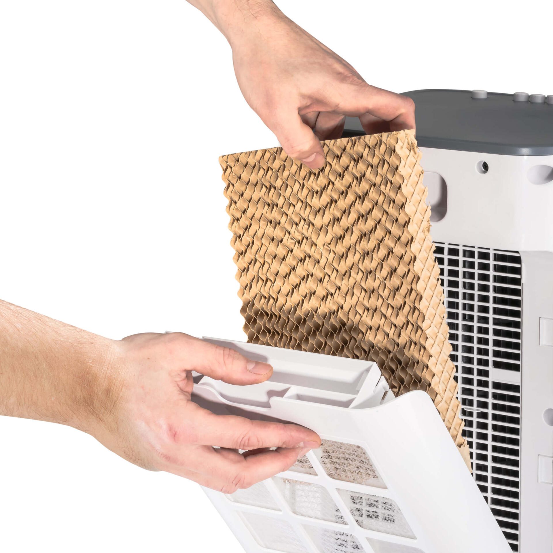 PAE 21 Verdunstungsfilter: Detailaufnahme des Austauschs des Filters in einem Luftkühlgerät. Optimale Kühlung für Ihr Zuhause!