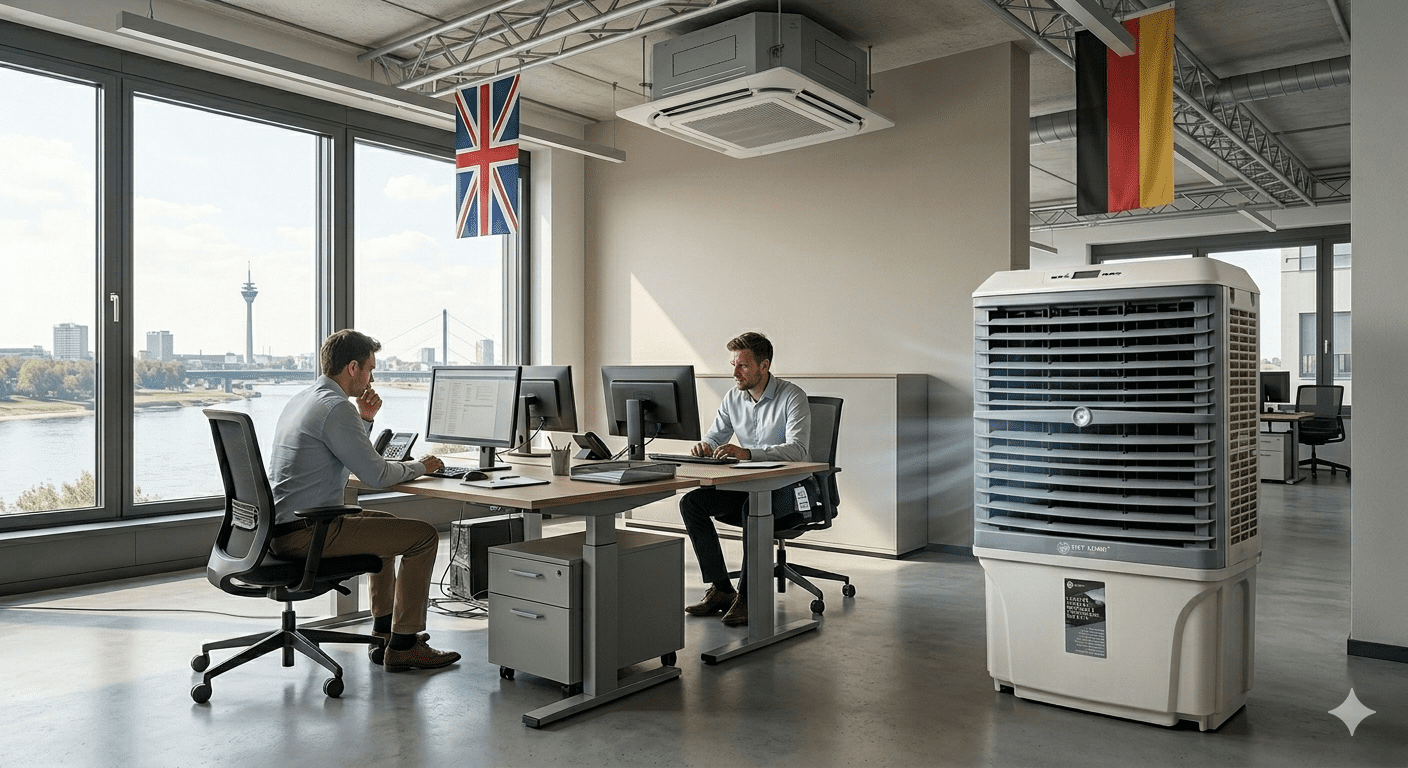 Luftkühler mieten für Büro Büro Luftkühler mieten: Zwei Personen arbeiten im Büro mit einem Luftkühler. Im Hintergrund sind die deutsche und die britische Flagge zu sehen.