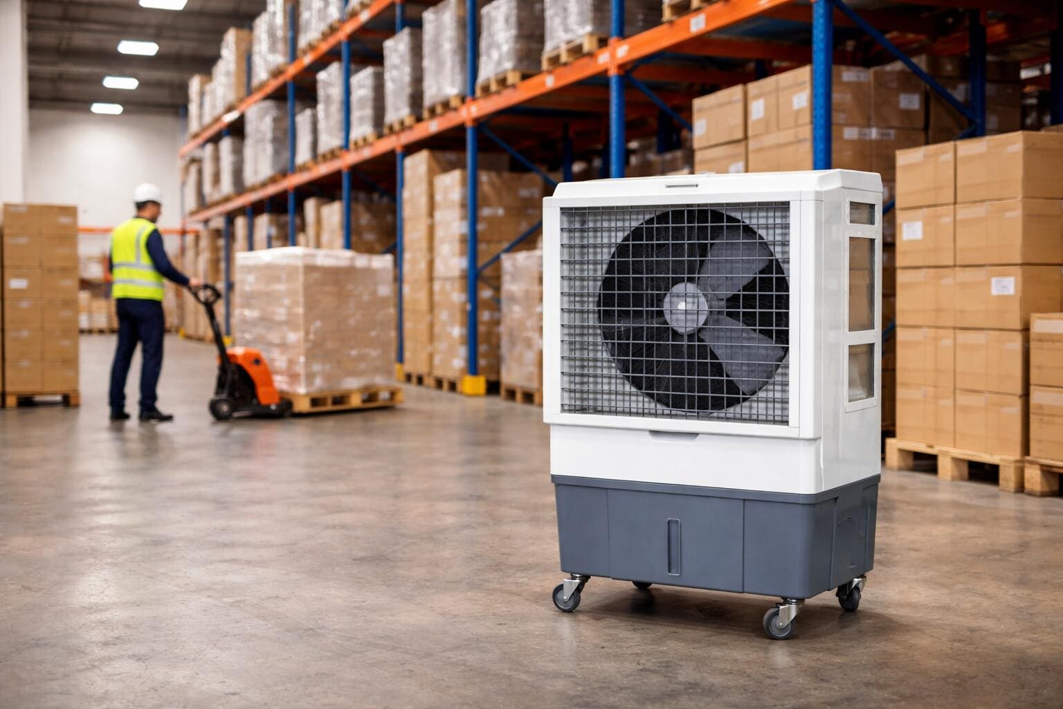 Luftkühler im Lager zu mieten. Der mobile Luftkühler sorgt für angenehme Temperaturen. Mitarbeiter mit Hubwagen im Hintergrund.