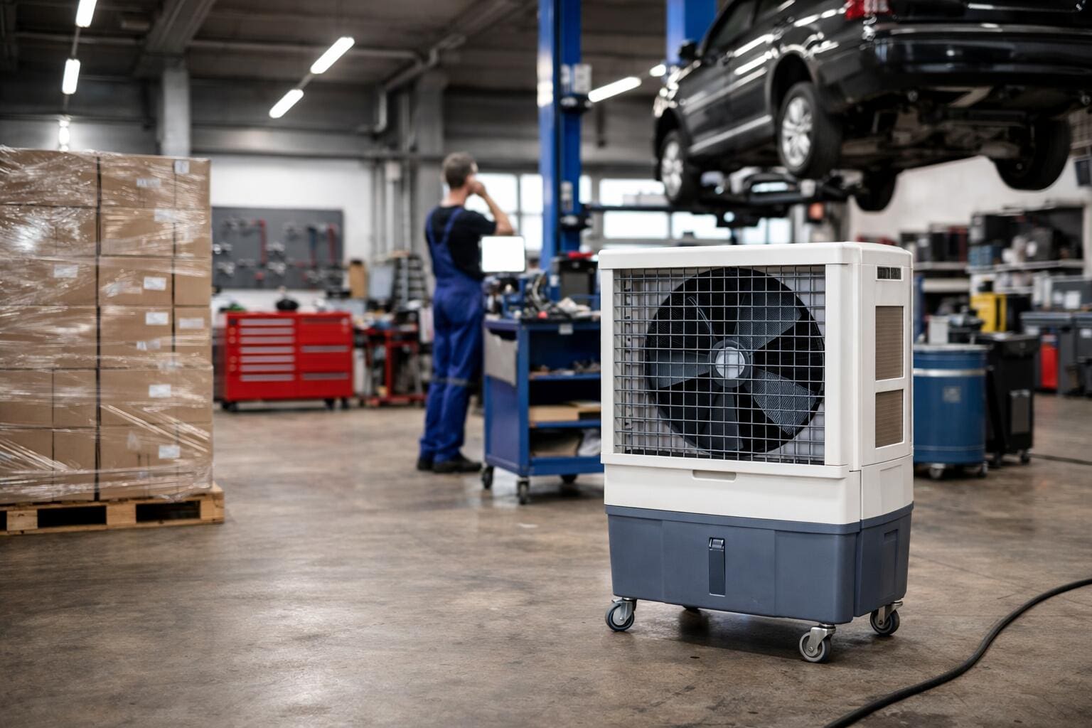 Werkstatt Luftkühler im Einsatz: Mieten Sie den idealen Luftkühler für Ihre Werkstatt. Effektive Kühlung für angenehmes Arbeiten.