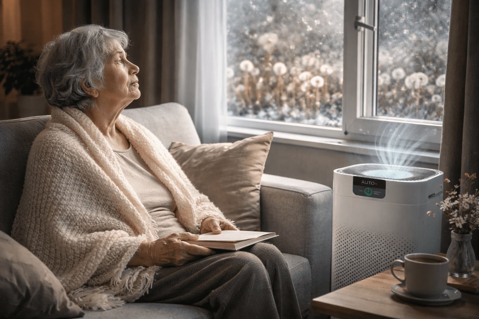 Ältere Dame entspannt mit Buch neben Luftreiniger gegen Pollen. Ideal für Allergiker, filtert Staub, Tierhaare und Gräser aus der Luft.